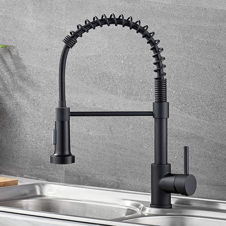 Solid Brass Commercial Kitchen Faucet with Sprayer Single Handle Spring Spout Faucets Pull down Sprayer Kitchen Matte Black Sink Faucet Farmhouse Kitchen Faucets